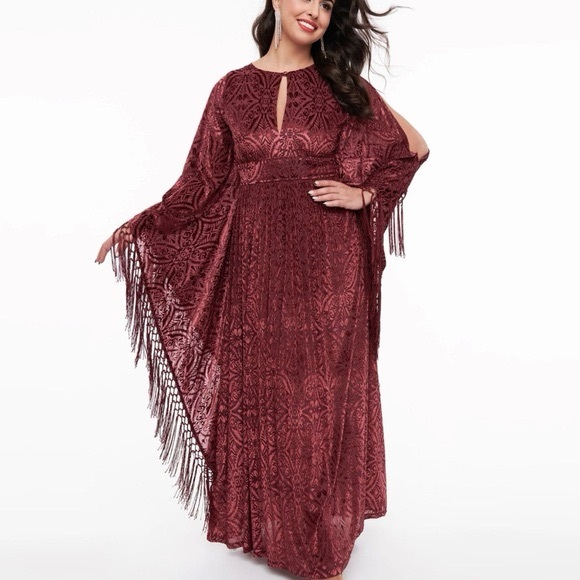 Unique Vintage Dresses & Skirts - Unique Vintage Burgundy Fringe Flitter Sleeve Burnout Caftan XS NWT